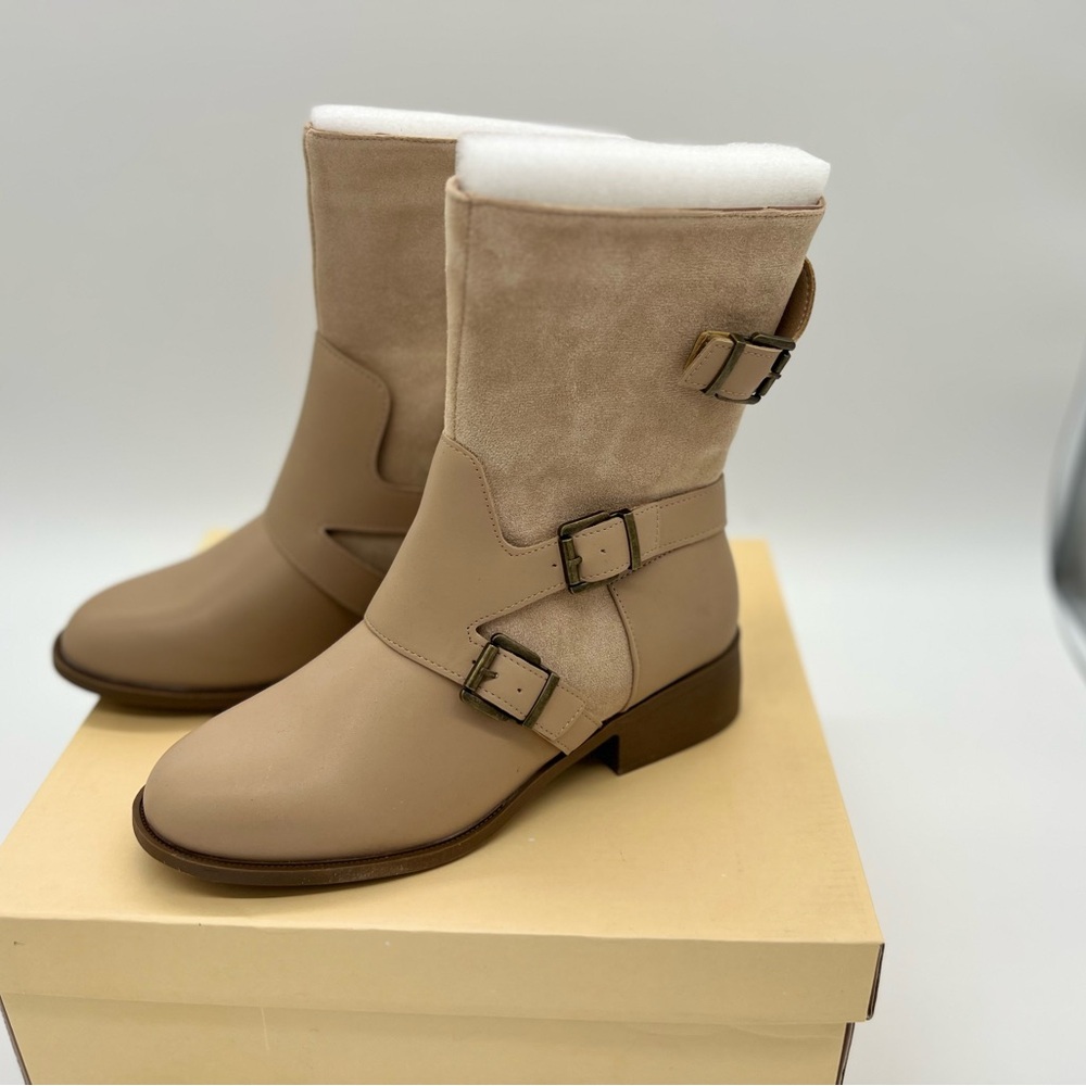 Yoki Beige Darcy Flat Heel Riding Boots Triple Buckle Faux Size